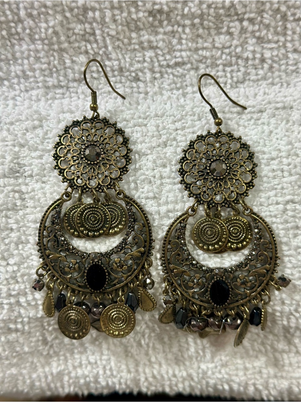 Bohemian Filigree Dangle Earrings in Antique Gold